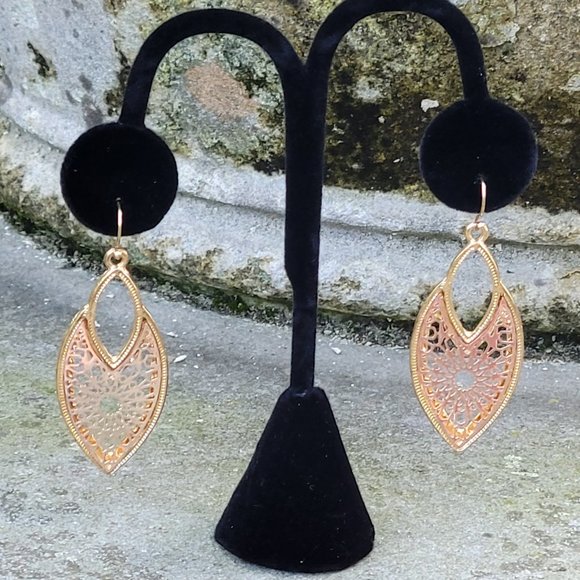 Oblong Dangle Gold Tone Earrings - Picture 5 of 5